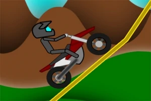 En tegneserie-agtig motorcykel rytter kører op ad en stejl bakke med et farverigt bjerglandskab i baggrunden