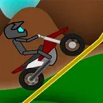 En tegneserie-agtig motorcykel rytter kører op ad en stejl bakke med et farverigt bjerglandskab i baggrunden
