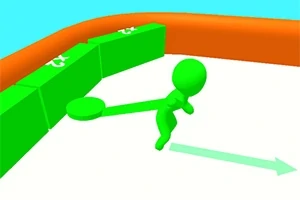 Grøn figur med flade arme løber mod en række grønne kasser i en arena med orange kant