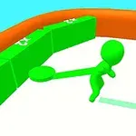 Grøn figur med flade arme løber mod en række grønne kasser i en arena med orange kant