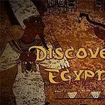 To egyptiske figurer i egyptisk kunststil med teksten Discover Egypt i midten