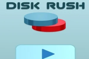 Blå disk stablet ovenpå en rød disk med teksten DISK RUSH øverst og en play-knap nedenunder