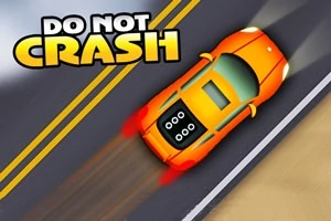 En orange sportsvogn kører hurtigt på en vej med dobbelte gule linjer og teksten DO NOT CRASH er i det øverste venstre hjørne