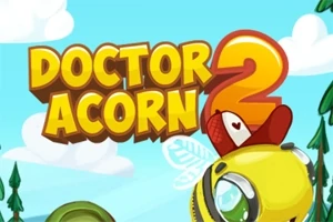 Tegneseriestil billede med teksten Doctor Acorn 2, en stor gul bi og en lille rød hue mod en blå himmel med skyer
