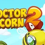 Tegneseriestil billede med teksten Doctor Acorn 2, en stor gul bi og en lille rød hue mod en blå himmel med skyer