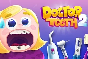 Tegneseriefigur med blondt hår ser panikslagen ud med åbne mund, der viser dårlige tænder, omgivet af tandlægeinstrumenter og teksten Doctor Teeth 2
