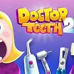 Tegneseriefigur med blondt hår ser panikslagen ud med åbne mund, der viser dårlige tænder, omgivet af tandlægeinstrumenter og teksten Doctor Teeth 2