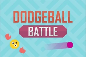 Teksten Dodgeball Battle i midten af et blåt mønstret baggrund med en gul smiley og en lilla bold