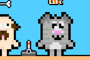Pixelkunstbillede af en grå hund med lyserød næse og et menneskelignende væsen ved siden af, samt en genstand på en lyseblå baggrund