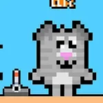 Pixelkunstbillede af en grå hund med lyserød næse og et menneskelignende væsen ved siden af, samt en genstand på en lyseblå baggrund