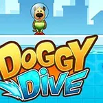 En tegneseriehund iført dykkerhjelm står på kanten af en pool, med teksten Doggy Dive i forgrunden mod en blå himmelbaggrund