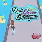 En person går på en smal vej omgivet af små øer med palmer og med teksten Doll Queen Designer ovenfor