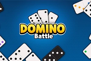 Domino-brikker i forskellige farver på en blå baggrund med teksten Domino Battle i midten