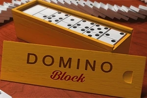 En æske med dominobrikker og en træplade mærket DOMINO Block på en rød overflade