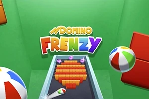 Teksten Domino Frenzy i farverige bogstaver over et grønt baggrund med strandbolde og et domino-layout i form af et hjerte