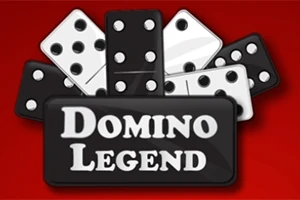 Domino-brikker i sort og hvid arrangeret med ordene Domino Legend skrevet i midten