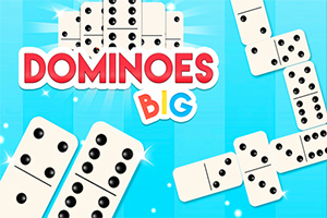 Domino-brikker på en blå baggrund med teksten Dominoes Big