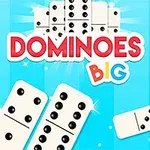 Domino-brikker på en blå baggrund med teksten Dominoes Big