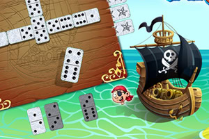 En illustreret scene med et piratskib, dominobrikker og et tegneseriefjæs på en baggrund af hav