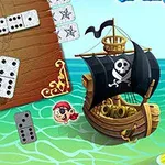 En illustreret scene med et piratskib, dominobrikker og et tegneseriefjæs på en baggrund af hav