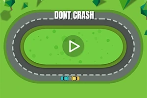 To biler på en oval grå racerbane omgivet af grønne områder med teksten DONT CRASH øverst