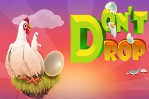 Hvid høne på en rede med æg ved siden af teksten Dont Drop mod en farverig baggrund