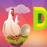 Hvid høne på en rede med æg ved siden af teksten Dont Drop mod en farverig baggrund