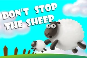 To tegnede får hopper foran en blå himmel med hvide skyer, med teksten Dont Stop the Sheep øverst til venstre