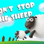 To tegnede får hopper foran en blå himmel med hvide skyer, med teksten Dont Stop the Sheep øverst til venstre