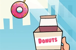 En tegneseriestil af en hånd, der holder en åben æske mærket Donuts, mens en doughnut med lyserødt glasur og farvede drys svæver ved siden af