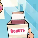 En tegneseriestil af en hånd, der holder en åben æske mærket Donuts, mens en doughnut med lyserødt glasur og farvede drys svæver ved siden af