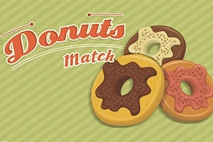 Tre farverige doughnuts med glasur ligger på en stribet grøn baggrund ved siden af teksten Donuts Match