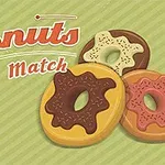Tre farverige doughnuts med glasur ligger på en stribet grøn baggrund ved siden af teksten Donuts Match