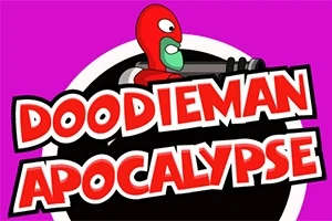 En rød tegneseriefigur med grøn maske bag teksten Doodieman Apocalypse på en lilla baggrund