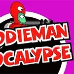 En rød tegneseriefigur med grøn maske bag teksten Doodieman Apocalypse på en lilla baggrund
