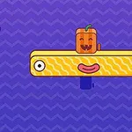 Græskar med et ansigt på en gul, rektangulær platform med lilla zigzag-baggrund