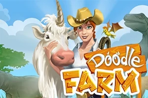 Kvindelig landmand med cowboyhat står ved siden af en enhjørning med en dinosaur og en lille drage i baggrunden, med teksten Doodle Farm