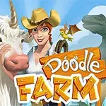 Kvindelig landmand med cowboyhat står ved siden af en enhjørning med en dinosaur og en lille drage i baggrunden, med teksten Doodle Farm
