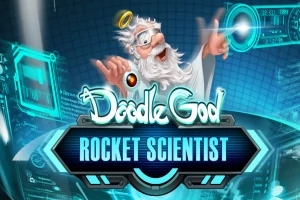 Tegnet figur med hvidt skæg, kappe og glorie, omgivet af futuristiske holografiske skærme, med teksten Doodle God Rocket Scientist