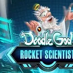 Tegnet figur med hvidt skæg, kappe og glorie, omgivet af futuristiske holografiske skærme, med teksten Doodle God Rocket Scientist