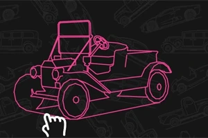Tegning af en vintage bil i pink kontur med en håndmarkør på en sort baggrund med svage skitser af biler
