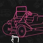 Tegning af en vintage bil i pink kontur med en håndmarkør på en sort baggrund med svage skitser af biler
