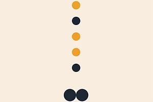 Fem cirkler i en lodret linje, skiftevis orange og sort, på en lys beige baggrund