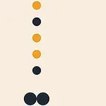 Fem cirkler i en lodret linje, skiftevis orange og sort, på en lys beige baggrund