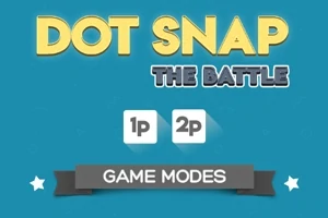 Titelbillede med teksten Dot Snap The Battle, muligheder for 1p og 2p, og et banner med Game Modes på blå baggrund