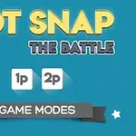 Titelbillede med teksten Dot Snap The Battle, muligheder for 1p og 2p, og et banner med Game Modes på blå baggrund