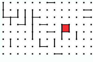 Et grid af sorte prikker forbundet af korte sorte linjer, der danner delvis lukkede firkanter, hvoraf en er udfyldt i rød