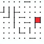 Et grid af sorte prikker forbundet af korte sorte linjer, der danner delvis lukkede firkanter, hvoraf en er udfyldt i rød