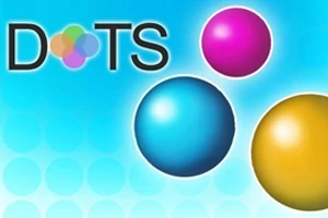 Tre farvede bolde (pink, blå og gul) med ordet DOTS på en blå baggrund med cirkelmønster