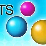 Tre farvede bolde (pink, blå og gul) med ordet DOTS på en blå baggrund med cirkelmønster